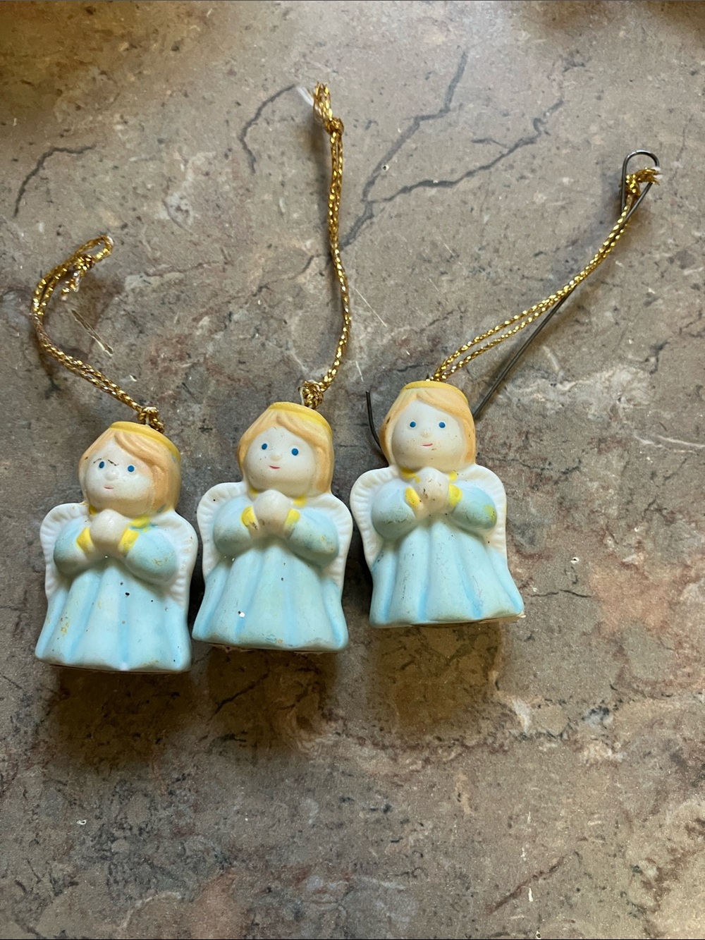 Vintage Russ Berrie & Co Blue Angel Pendant Ornaments with Gold Cords - Set of 3